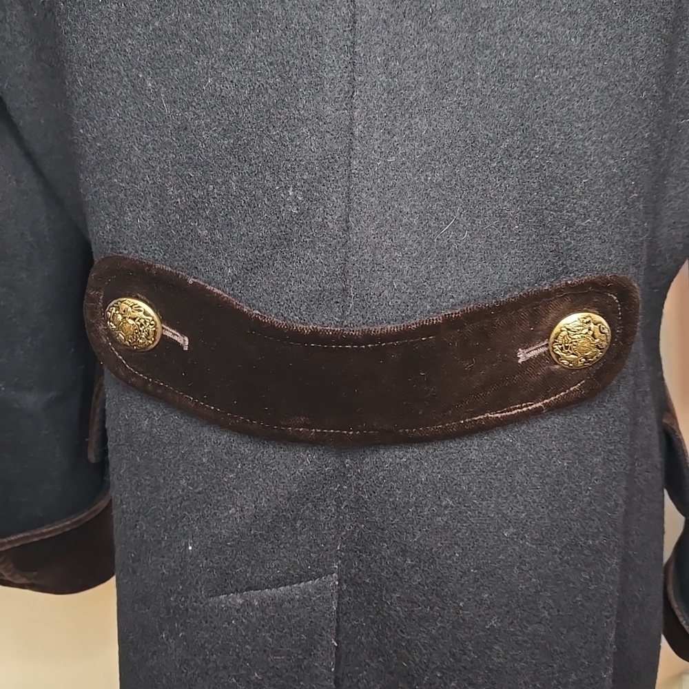 Vintage Black Wool Blend Double Breasted Jacket Gold Buttons Brown Velvet Trim M - Picture 9 of 10